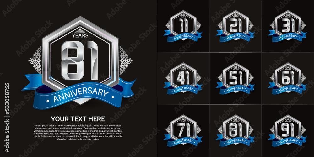 set of anniversary with silver color and blue ribbon can be use for celebration moment