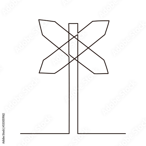 Rail Road Crossing Sign Continuous Line Drawing One Line Vector Illustration Isolated on a white background.