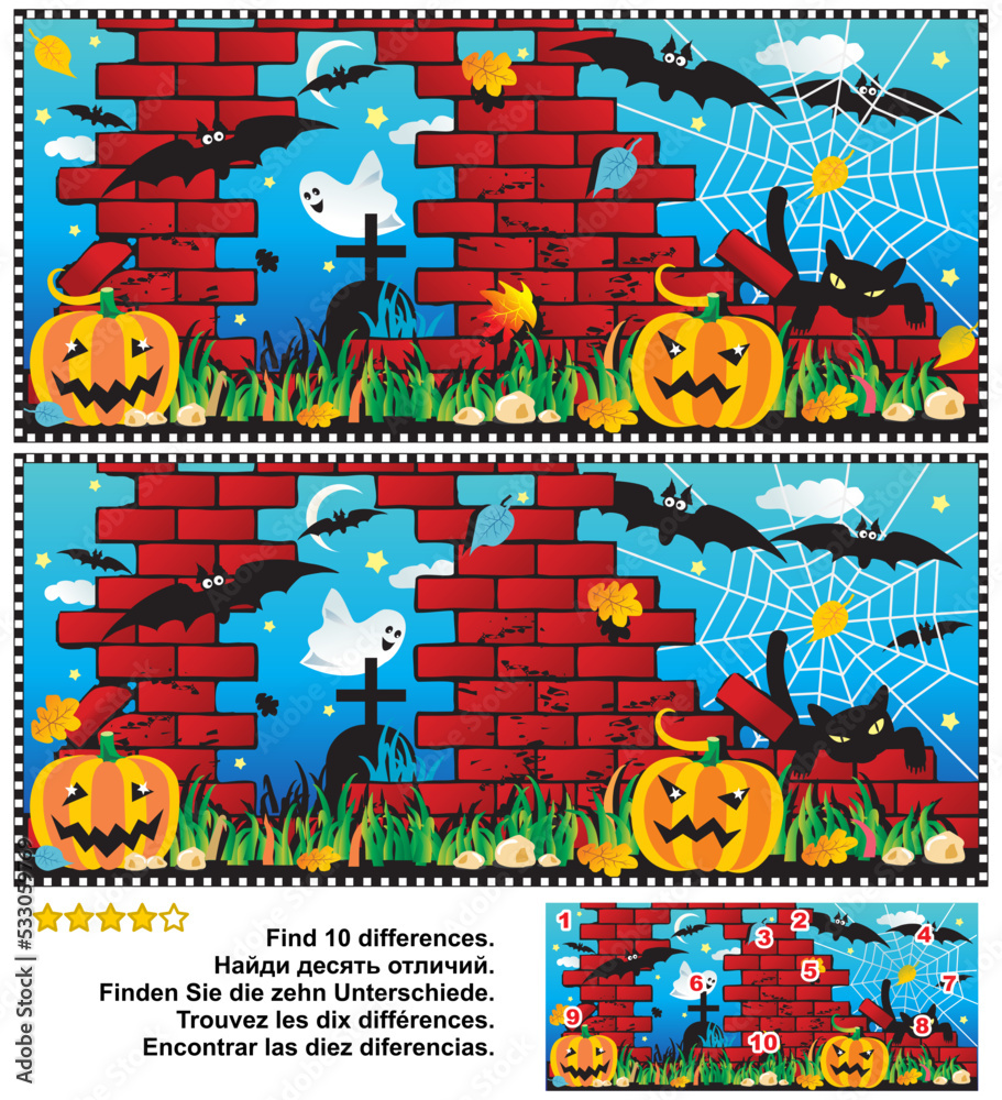 Difference game. Halloween night, pumpkin field, ruine, cemetery, ghost, bats, black cat, spider web. Answer included.
Difference game. Halloween night, pumpkin field, ruine, cemetery, ghost, bats, black cat, spider web. Answer included.