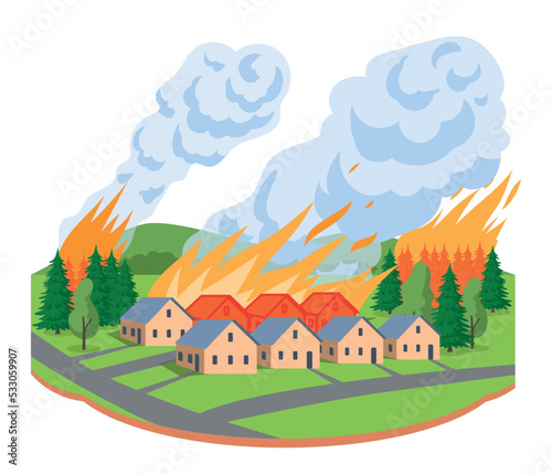 Natural disaster concept. Forest fires from trees spreads to wooden houses. Too hot temperature  drought  hot. Problems and difficulties in village or small city. Cartoon flat vector illustration