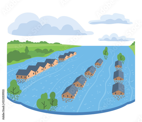 Natural disaster concept. Houses under water, flooding. Dangers, difficulties and failures. Catastrophe and cataclysm, bad weather. Poster or banner for website. Cartoon flat vector illustration