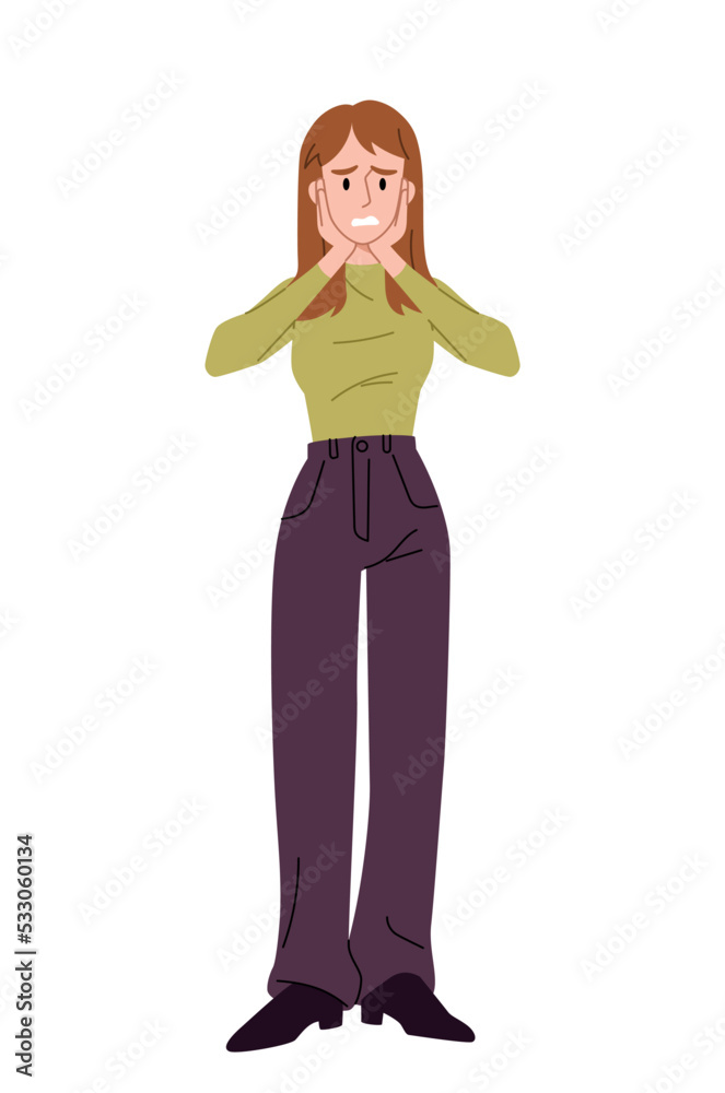 Negative emotion concept. Young girl scared puts her hands on her face. Failures and problems. Fear and upset. Social media sticker, graphic element for website. Cartoon flat vector illustration Negative emotion concept. Young girl scared puts her hands on her face. Failures and problems. Fear and upset. Social media sticker, graphic element for website. Cartoon flat vector illustration