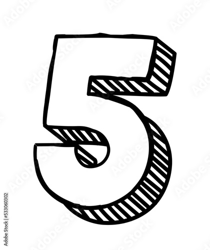 Number five icon. Minimalistic logo, childrens drawing, sketch, line art. Graphic element for website. Counting and evaluation, math lessons. Poster or banner. Cartoon flat vector illustration