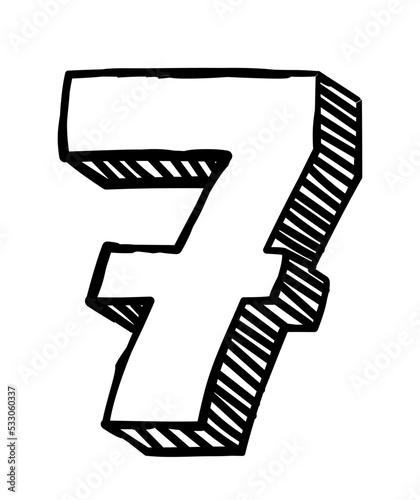 Number seven icon. Sticker for social networks and messengers. Art and creativity, education and selfdevelopment. Pencil drawing, sketch. Mathematics lesson. Cartoon flat vector illustration