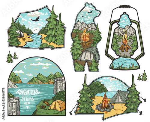 Outdoor wild camping print. Mountains adventure. Wanderlust summer forest explore