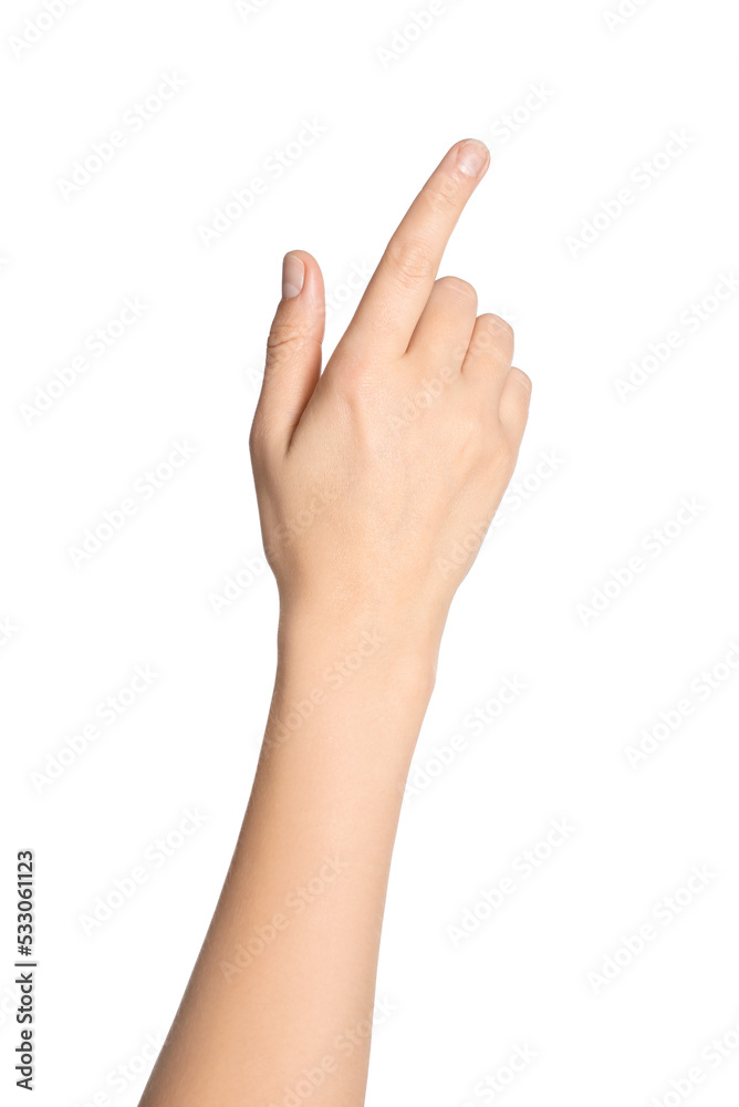 Woman pointing at something on white background, closeup of hand Woman pointing at something on white background, closeup of hand