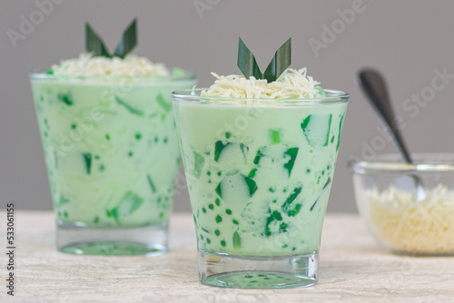 Buko pandan, Buko pandan is a dessert from the Philippines. it tastes fresh, sweet, savory and has the aroma of pandan leaves. made from young coconut, pandanus, pearl sago and other ingredients  photo
