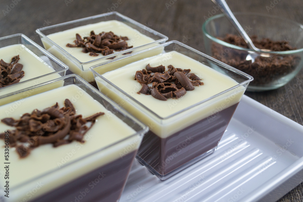 puding coklat vla susu or chocolate pudding with vla milk sauce