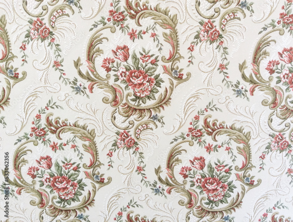 Fototapeta premium Fragment of colorful retro tapestry textile pattern with floral ornament useful as background