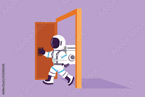 Character flat drawing young astronaut walking through an open door frame in moon surface. Entering new market challenge competition. Cosmonaut outer space concept. Cartoon design vector illustration