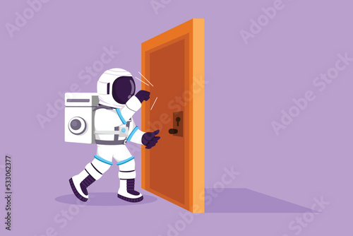 Character flat drawing young astronaut knocking at door in moon surface. Spaceman standing at entrance of meeting room knocking door. Cosmonaut outer space concept. Cartoon design vector illustration