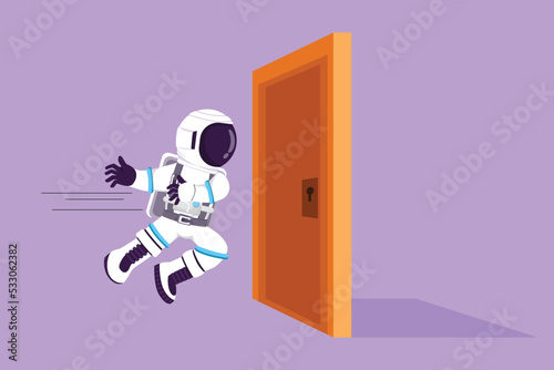 Cartoon flat style drawing young astronaut running and want to break down door in moon surface. Strength spaceman for success of duty. Cosmic galaxy space concept. Graphic design vector illustration