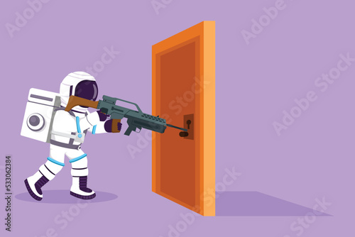 Character flat drawing of young astronaut pointing shotgun at doorknob in moon surface. The power to succeed or winning competition. Cosmonaut outer space concept. Cartoon design vector illustration