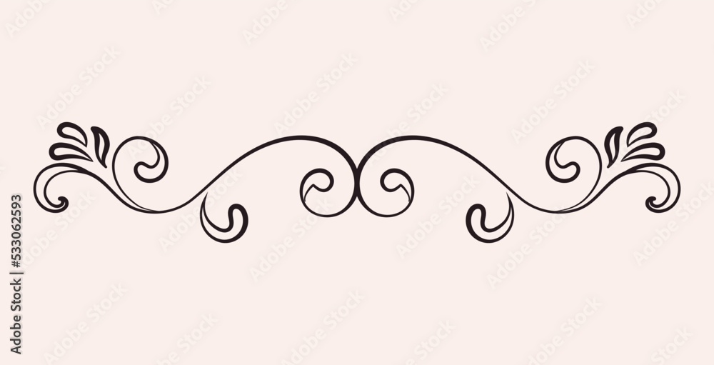 Calligraphic black frame. Minimalistic ornament or border. Graphic element for website. Curved lines, decoration, abstract shapes and forms. Classical style. Cartoon flat vector illustration