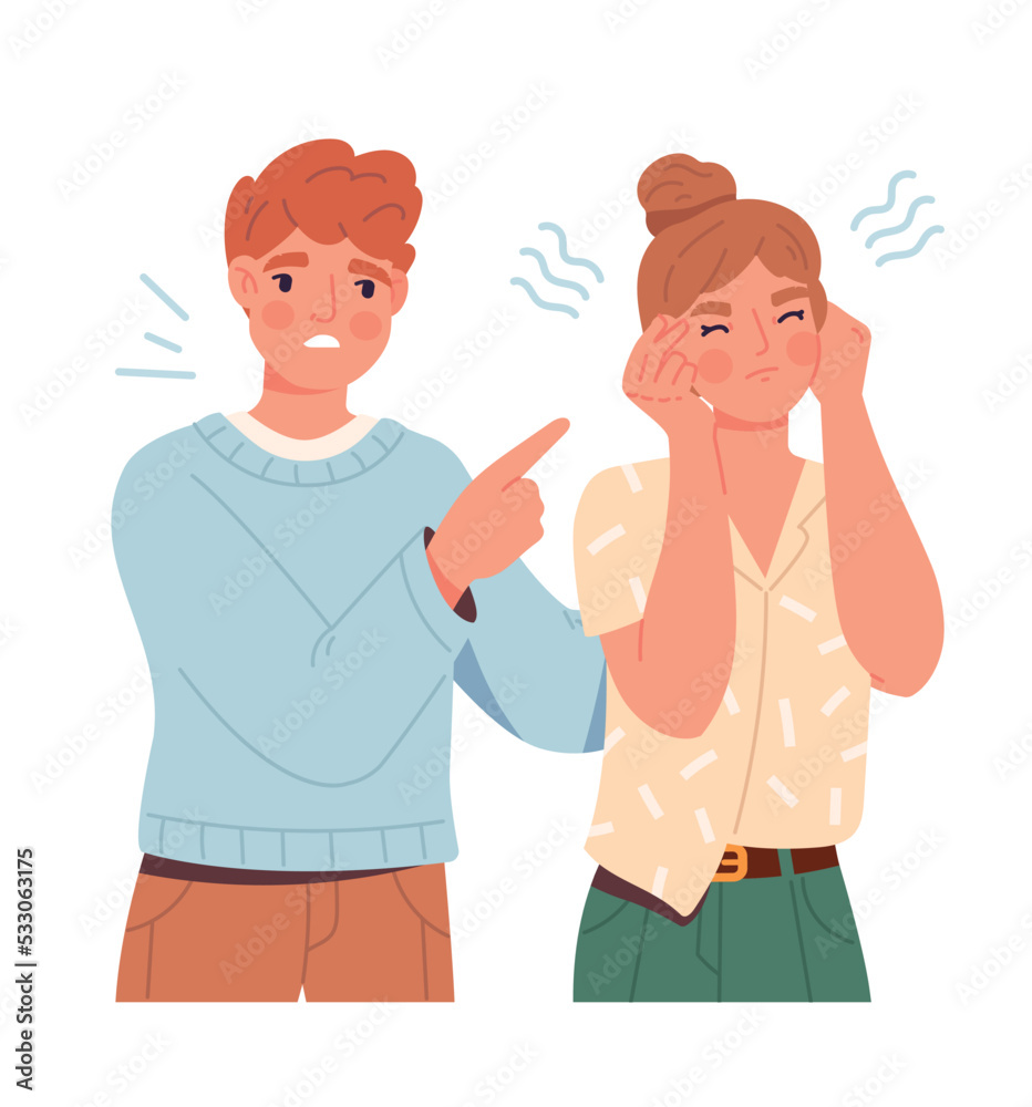 People noises concept. Man yells at woman and points his finger. Gestures, feelings and expression, negative emotions. Relationship problems, conflict and scandal. Cartoon flat vector illustration People noises concept. Man yells at woman and points his finger. Gestures, feelings and expression, negative emotions. Relationship problems, conflict and scandal. Cartoon flat vector illustration