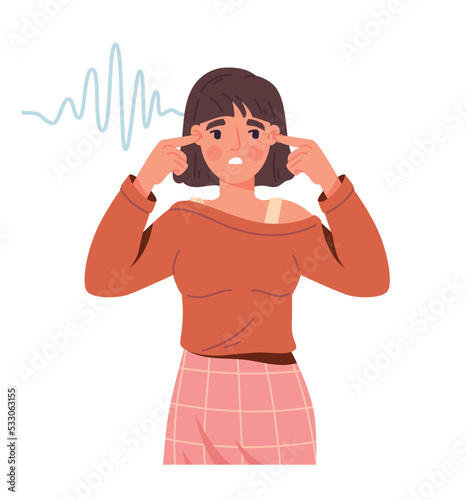 People noises concept. Woman covers her ears with fingers, young sad girl. Tired character. Poster or banner for website, sticker for social networks and messengers. Cartoon flat vector illustration
