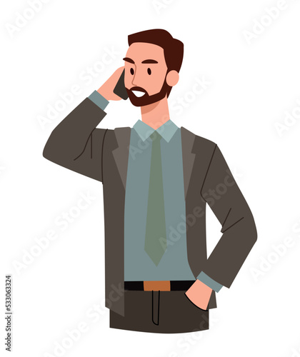 Man using mobile phone. Guy calling someone. Communication and interaction. Businessman or Entrepreneur with smartphone. Modern technologies, gadgets and devices. Cartoon flat vector illustration