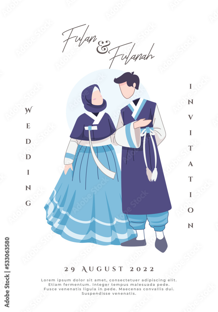 Korean Muslim couple illustration wearing traditional Blue dress