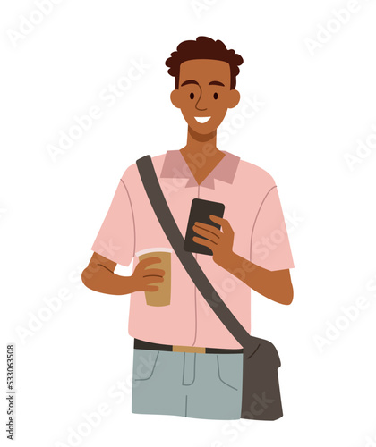 Man using mobile phone. Young guy with smartphone and mug of coffee in his hands. Character communicates on Internet. Chatting in social networks and messengers. Cartoon flat vector illustration