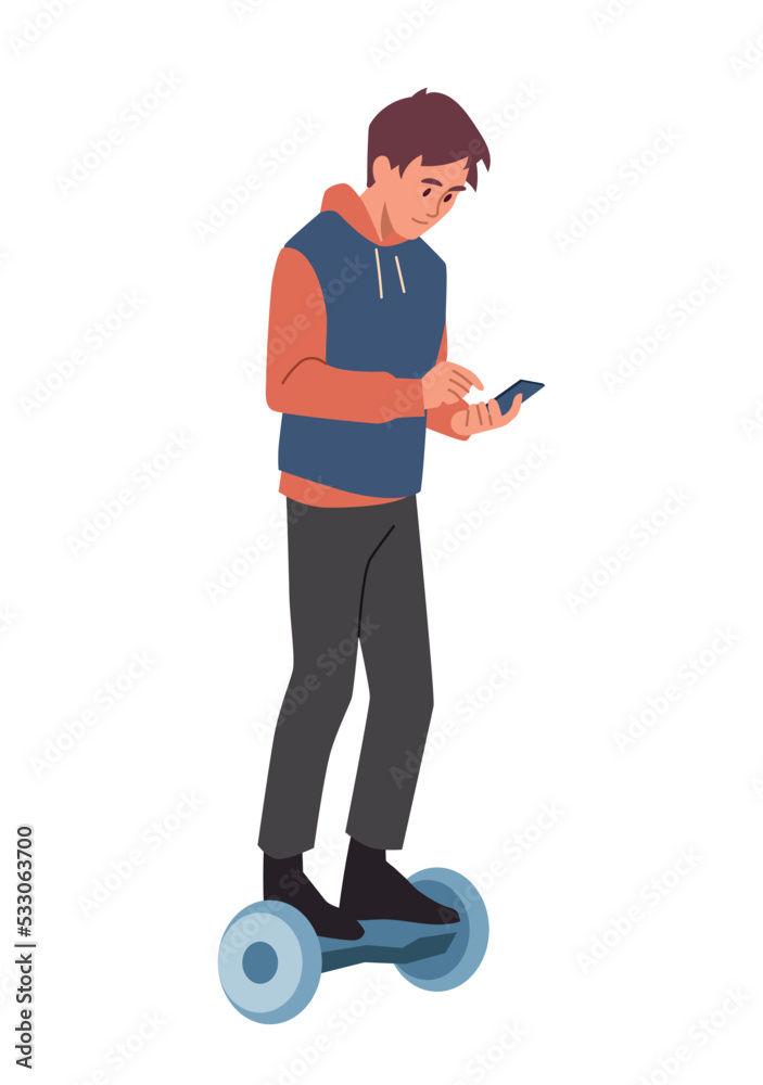 Man walk concept. Young guy rides hoverboard with smartphone in his hands. Modern technologies, innovations, gadget and device. Trendy transport for teenagers. Cartoon flat vector illustration