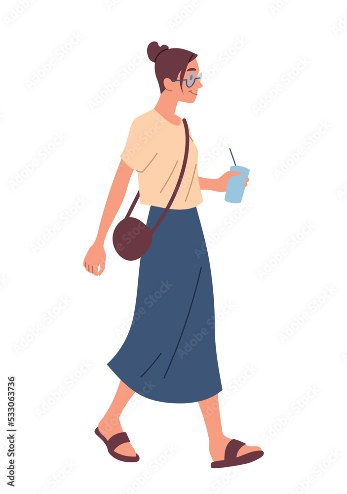 Woman walk concept. Young girl walks with cocktail in her hands. Character at lunch break, cafe or restaurant. Active lifestyle, leisure. Social media sticker. Cartoon flat vector illustration Woman walk concept. Young girl walks with cocktail in her hands. Character at lunch break, cafe or restaurant. Active lifestyle, leisure. Social media sticker. Cartoon flat vector illustration