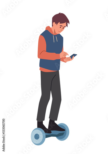 Man walk concept. Young guy rides hoverboard with smartphone in his hands. Modern technologies, innovations, gadget and device. Trendy transport for teenagers. Cartoon flat vector illustration