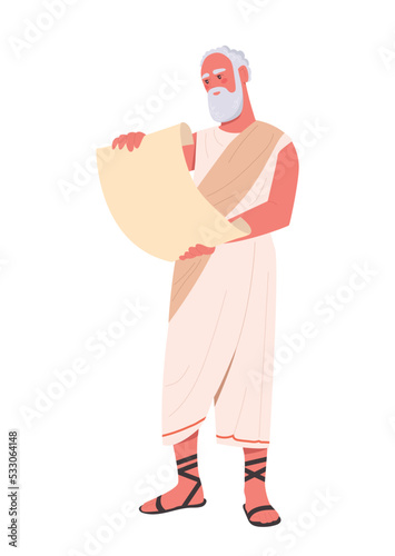 Ancient philosopher concept. Elderly man in white plaid shirt reads strange scroll. Traditions, culture, treasures. Ancient knowledge, information and history. Cartoon flat vector illustration