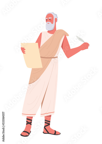 Ancient philosopher concept. Elderly man in white sheet with feather and scroll. Graphic element for website. Smart character writes down his thoughts and knowledge. Cartoon flat vector illustration