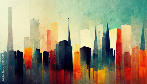 Valokuva Spectacular watercolor painting of an abstract urban, cityscape, skyscraper scene in orange and teal, grayish smog