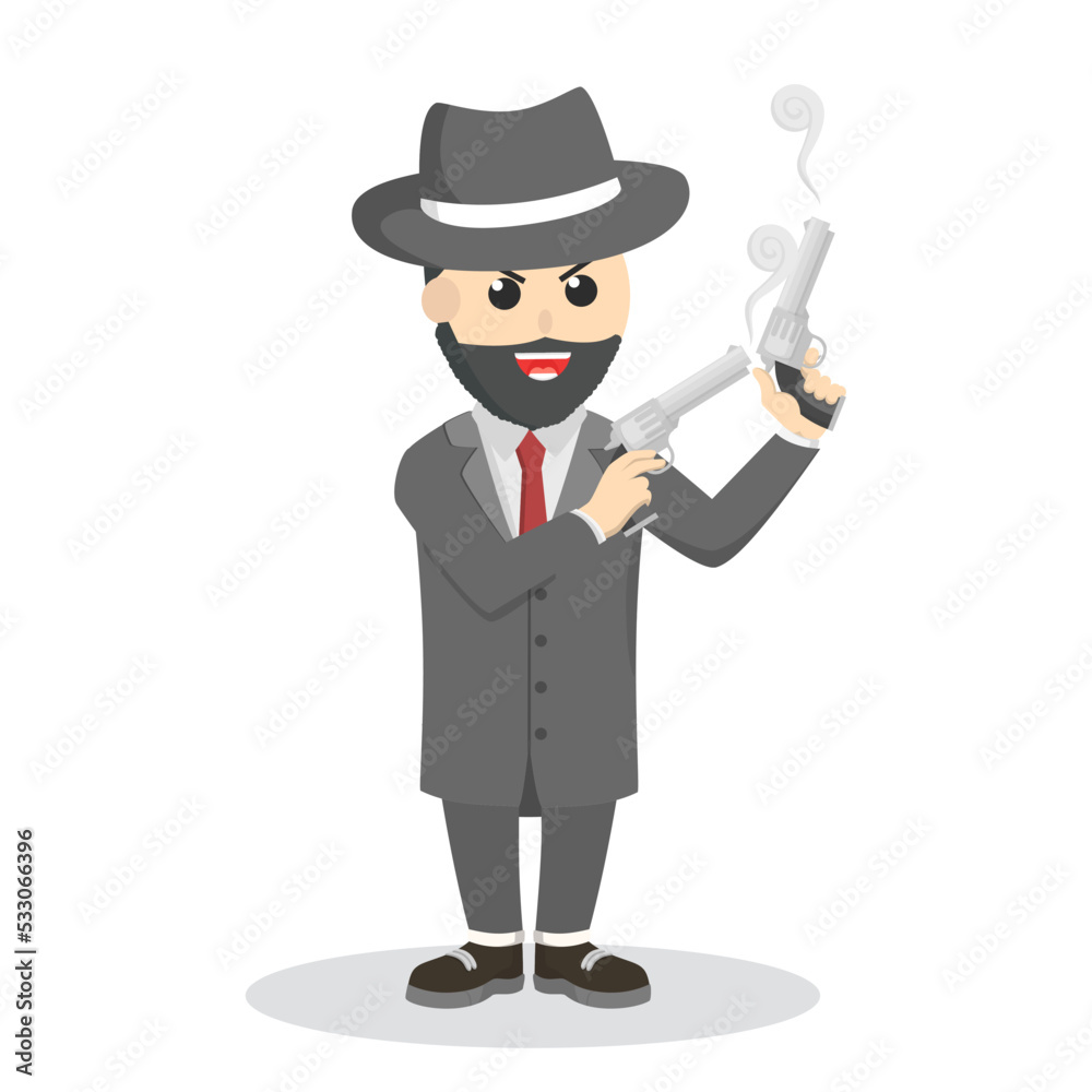 Crime boss holding dual guns. character design on white background