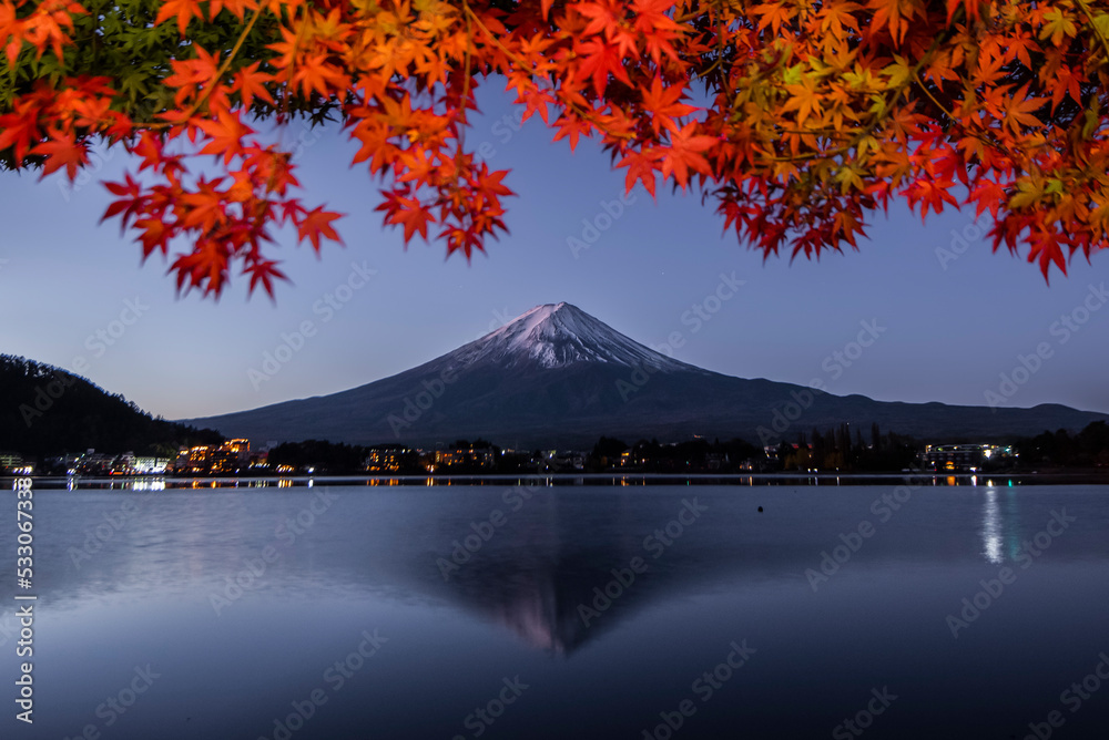 Naklejka premium Fuji mountain Reflection in autumn sunrise at Kawaguchiko lake, Japan