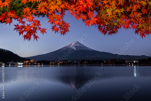 Fuji mountain Reflection in autumn sunrise at Kawaguchiko lake, Japan