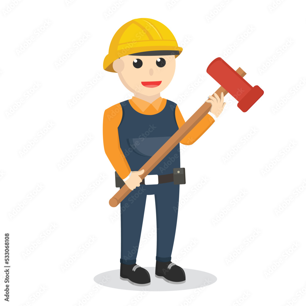 construction worker holding sledge hammer design character on white background construction worker holding sledge hammer design character on white background