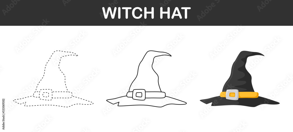 Witch Hat tracing and coloring worksheet for kids