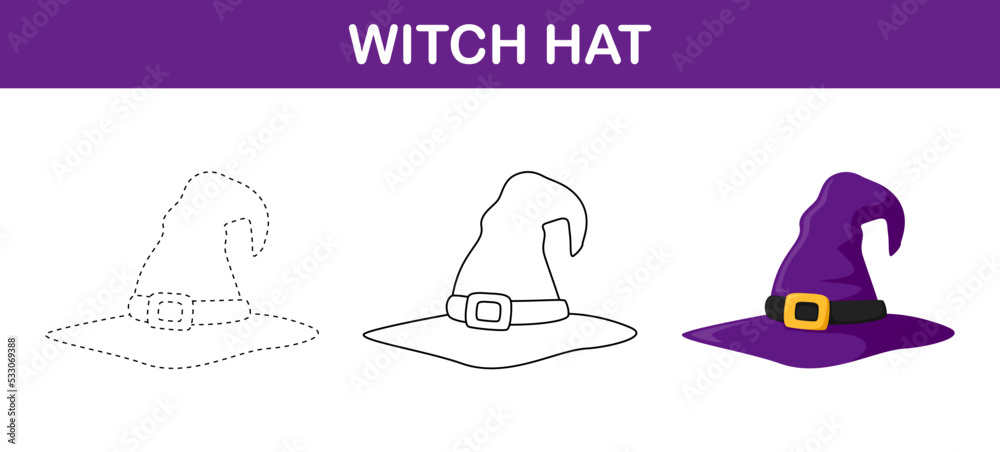 Witch Hat tracing and coloring worksheet for kids