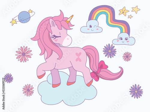 Cute unicorn standing with eyes closed and tail tied bow in the sky with rainbow and cloud. Vector design illustration.