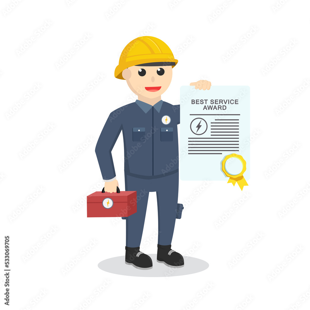 electrician showing his award certificate design character on white background electrician showing his award certificate design character on white background
