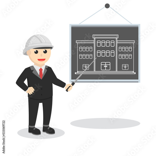 engineer explain his work design character on white background