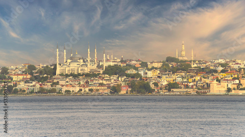 Skyline of Istanbul city, Turkey, from Kadikoy overlooking through Marmara Sea overlooking European side with famous mosques in a summer day