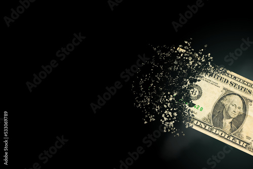 one dollar bills scattered in the air. money inflation concept. the disappearance of banknotes, hyperinflation. financial crash, dollar banknotes, high living costs.
