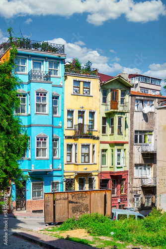  Traditional colorful old houses in old Balat district, on a summer day, Istanbul, Turkey