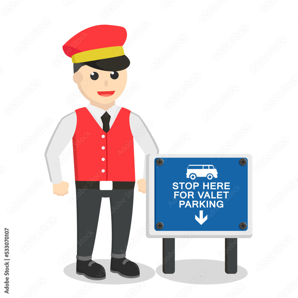 male valet standing beside sign design character on white background