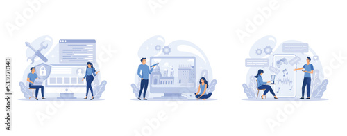 IT profession set. Programmer write software and create code for computer. Coding script for project and app, set flat vector modern illustration