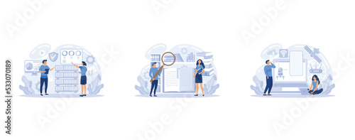 Cloud computing service. Cartoon flat concept design, interface mobile website for database backup storage, online media file upload or download functions, set flat vector modern illustration