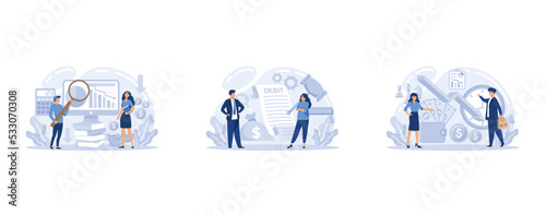 Decline stage concept set. Finance crisis with falling down graph and income decrease. Idea of bancruptcy and business risk, set flat vector modern illustration