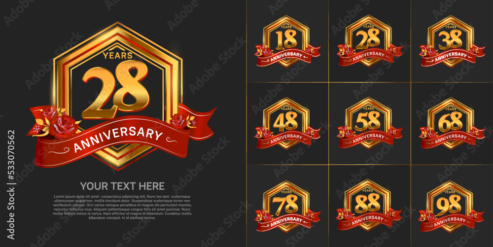 set of anniversary with gold color and red ribbon can be use for celebration event