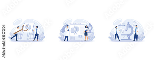 Pyelonephritis Landing Page Template Set. Tiny Doctors Nephrologist Characters Diagnosing and Consult Patient with Kidney Disease, Urine Test, Hospital Diagnostic, set flat vector modern illustration