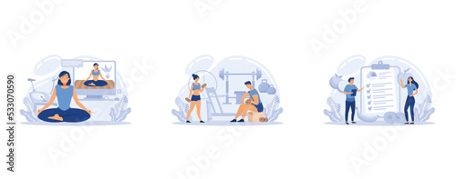 Fitness trainer concept set. Workout in the gym with professional athlete. Healthy and active lifestyle, set flat vector modern illustration