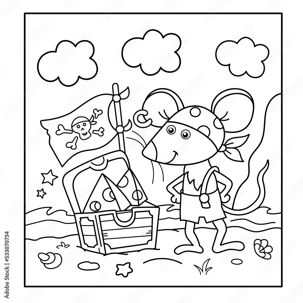 Coloring Page Outline Of cartoon little pirate mouse with chest of treasure. Cheese trove. Coloring Book for kids.