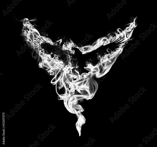 Silhouette of a flying eagle with spread wings in beautiful puffs of white smoke isolated on a black background. Silhouette of a flying eagle in clouds of smoke.